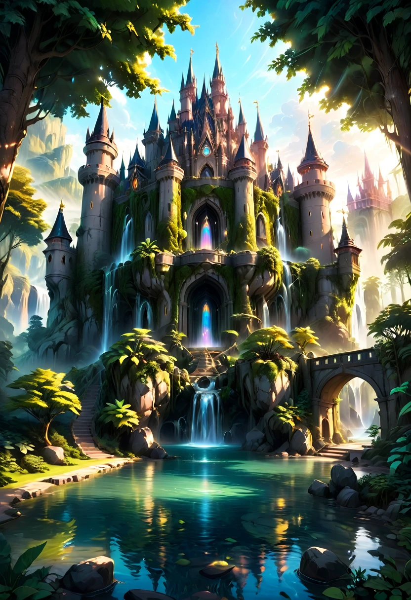 Dream Castle, aesthetic, (best quality,4k,8k,highres,masterpiece:1.2),ultra-detailed,medieval castle,majestic towers,grand entrance gate,mystical atmosphere,enchanted forest,sunlight filtering through the trees,lush greenery,gleaming river,reflection on the water,exquisite stone carvings,golden accents,spires reaching towards the sky,vivid colors,soft lighting,ethereal beauty,serene ambiance