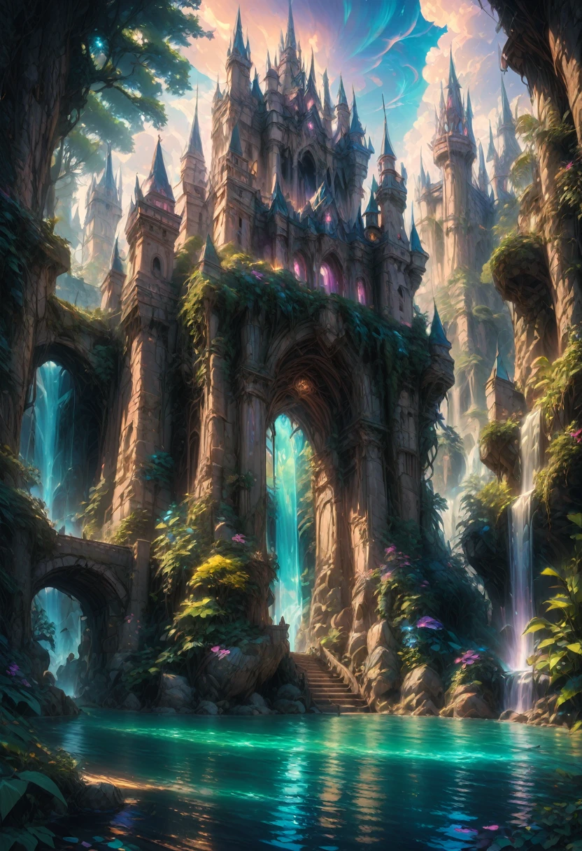 Dream Castle, aesthetic, (best quality,4k,8k,highres,masterpiece:1.2),ultra-detailed,medieval castle,majestic towers,grand entrance gate,mystical atmosphere,enchanted forest,sunlight filtering through the trees,lush greenery,gleaming river,reflection on the water,exquisite stone carvings,golden accents,spires reaching towards the sky,vivid colors,soft lighting,ethereal beauty,serene ambiance