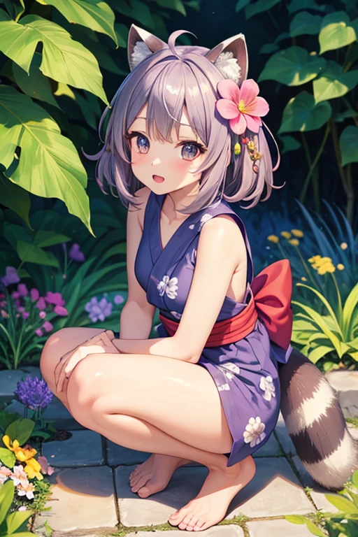 raccoon tail, 1 raccoon girl, raccoon ears, medium hair, ahoge, (open mouth:0.8), cute, 
bare arms, bare shoulders, medium breasts, (underboob:0.9), (sideboob:0.9), (thighs:0.9), 
sideless, (mini yukata:1.1), fantastic flower garden, outdoor, british garden, full body, 
(lavender theme:1.1), (lavender tone:1.1), (pink tone:0.9), illustration, (anime coloring:1.1), 
(masterpiece:1.2), (best quality:1.2), newest, (intricate details:1.2), ai-generated, 