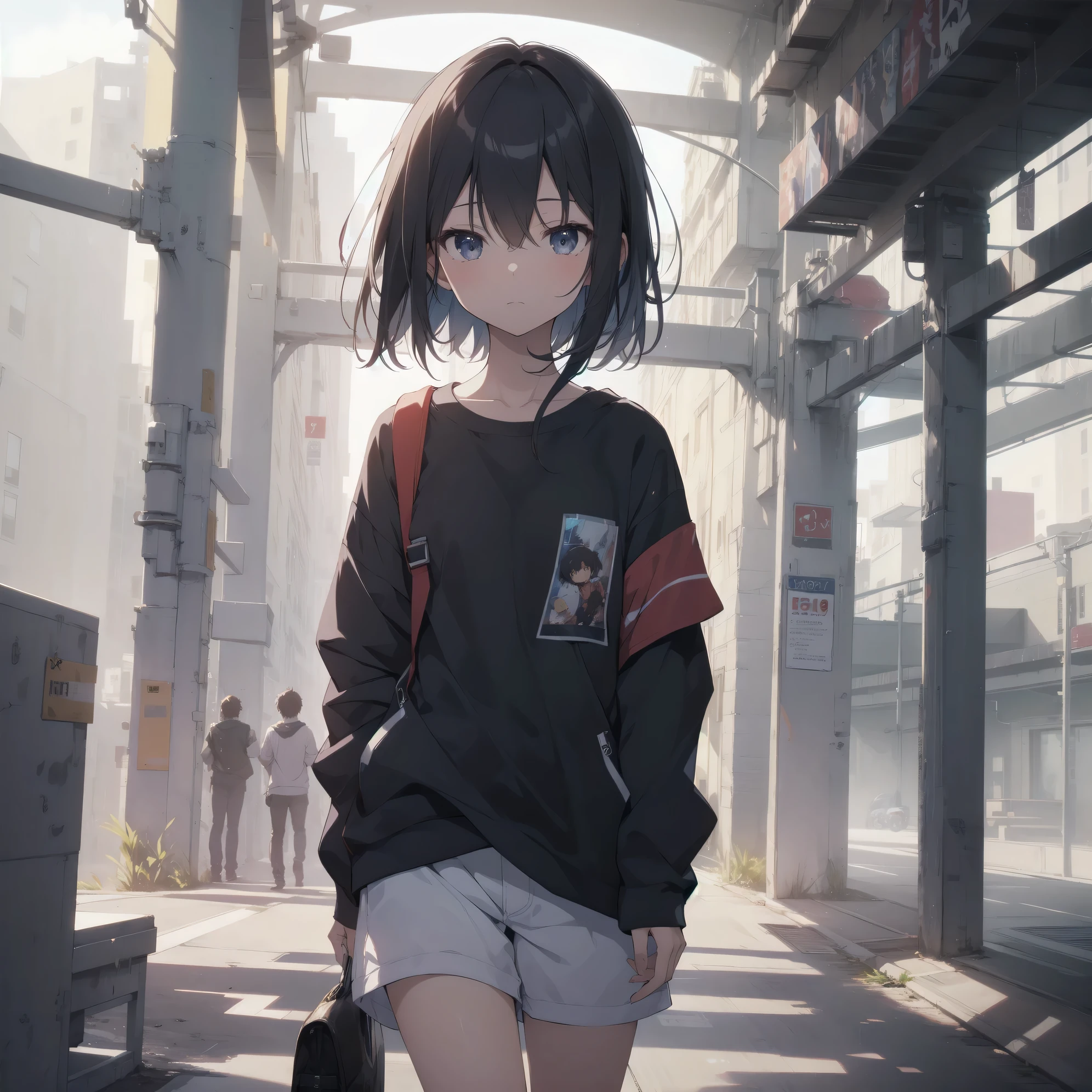 ultra-absurdres-Top quality by artist God, ultra-detailed, high resolution, anime moe artstyle, best anime 8k konachan wallpaper, pixiv contest winner, pool:2810, perfect anatomy,break, 1girl, (Solo,tomboy, 9-year-old:1.3),Full limbs, complete fingers,(very short hair), messy hair, flat chest, groin, small butt, small black eyes, beautiful detailed eyes, well-proportioned iris and pupils, expressive eyes, highres detailed hair, soft expression, tank top, short shorts, walking, sleepily, (Detailed Lighting), (Detailed background), in the School commute route. break,super detailed skin, Best cinematic lighting powered by famous artist, 8k,beauty illustration,photoshop_(medium),very aesthetic,break,((artist:beni_shake )), artist:bolze ,artist:oyari ashito ,artist:kantoku ,