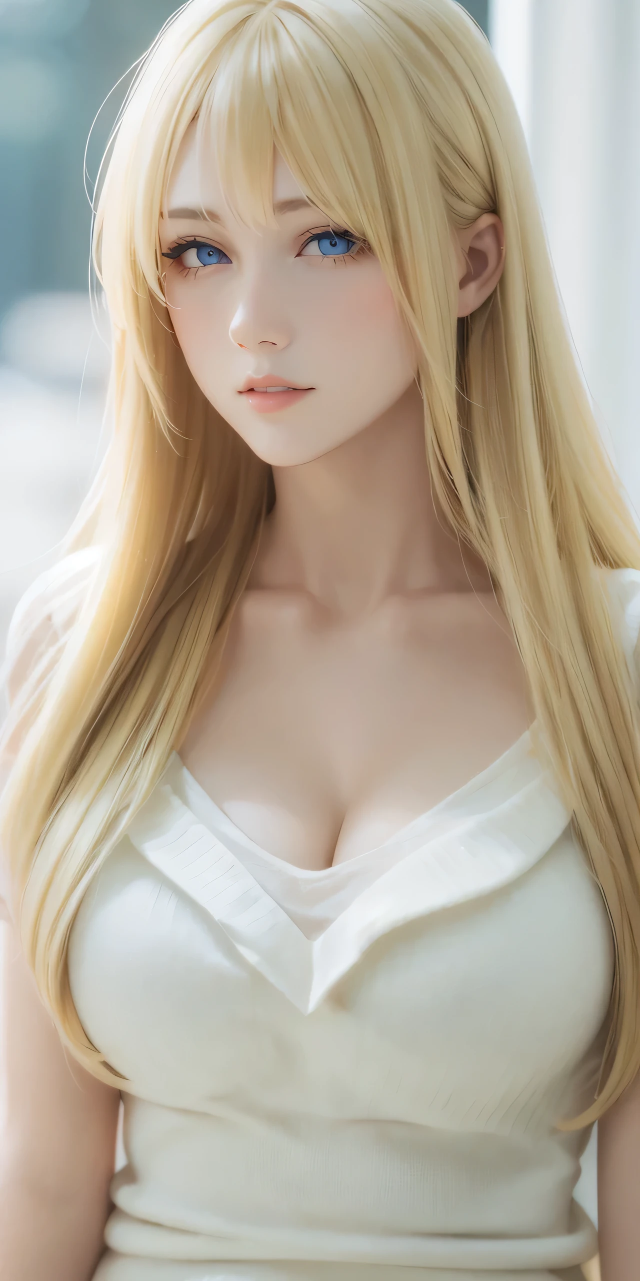 Upper body, gorgeous adult woman, long neck, long blonde hair, bangs, casual outfit, cleavage, soft light, high quality, 4k resolution, looking at viewer
