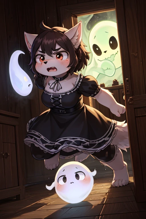 Hairy wolf mom , round face , moist round eyes , Swollen cheeks , glossy lips , Gothic summer dress , in the Haunted house , fighting move , high kick, (peeping traditional transparent ghost:1.2) , escape , look of angry