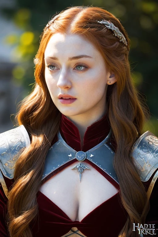 Face of Sophie Turner, Looking back, Sansa Stark played by Sophie Turner, the de facto Lady of the Eyrie, is a 40-year-old mature queen with a stunning, alluring appearance. Full Face, pierced eyes, reddish lips, upper body shot, erotic Mediaeval costumes, game of thrones costumes, She wears a Game of Thrones-inspired costume and has a deep cleavage, a perfect thick body, and a perfect thick figure. The photograph captures her in a close-up, with her skin texture and facial features being ultra-realistic and realistic. Juicy thick figure, high quality skin, Skin pores, amazing details