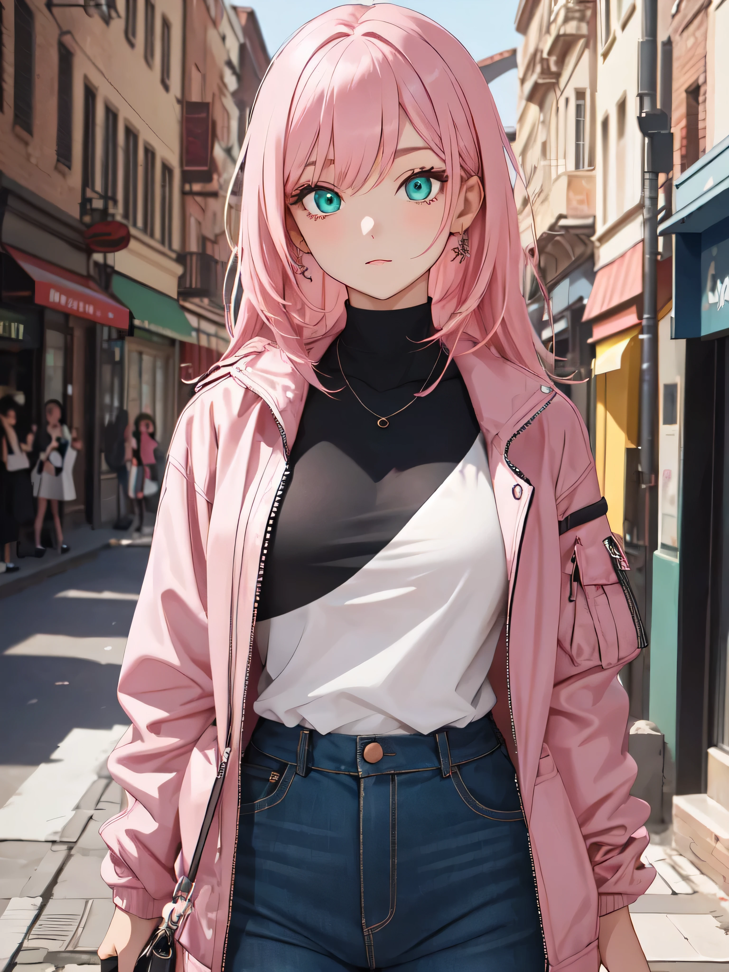 ((1 girl)), Latest Fashion Trends, Street fashion,Jacket, Open chest,Cool look, Fashionable skirts,Relaxed pose,Cowboy Shot,((Very detailed,highest quality, High resolution, 8k wallpaper, Beautiful clothes,)),((Pink Hair, Shortcuts,Straight hair)) (Green Eyes),eye shadow, eyeliner,Glow Eye, Very detailedな目, Complex eyes, Beautiful Eyes, 18-year-old girl.