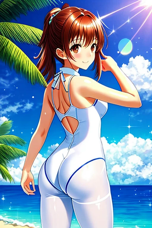 masterpiece, highest quality, superior_Mikoto, Brown eyes, View your viewers, alone, Small breasts, superior半身, (Swimwear), Beach, Outdoor, , smile, close_mouth, ((Crossing your legs)), ((Are standing)), Abusing lens flares,  One-piece suit, Bodysuits, Shiny clothes, thick, One Girl, One girl, white Swimwear, pantyhose, Butt pose, Butt pose, Back pose, Nice ass, latex