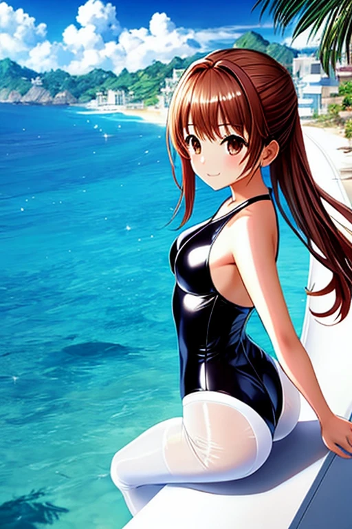 masterpiece, highest quality, superior_Mikoto, Brown eyes, View your viewers, alone, Small breasts, superior半身, (Swimwear), Beach, Outdoor, , smile, close_mouth, ((Crossing your legs)), ((Are standing)), Abusing lens flares, One-piece suit, Bodysuits, Shiny clothes, thick, One Girl, One girl, white Swimwear, pantyhose, Butt pose, Butt pose, Back pose, Nice ass, latex