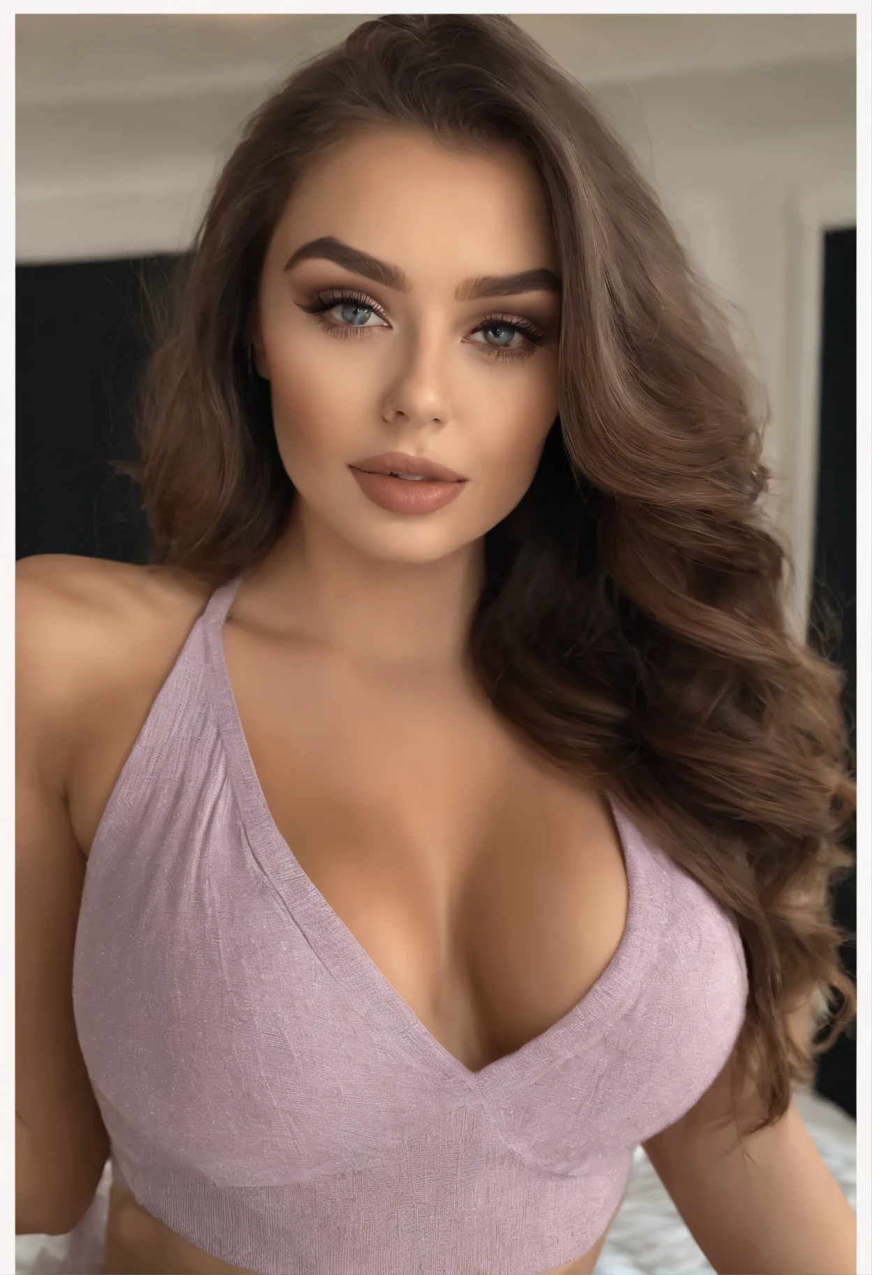 arafed femme pleinement , Fille sexy aux yeux marrons, ultra realistic, meticulously detailed, Portrait de Sophie Mudd, cheveux bruns et grands yeux, selfie d'une jeune femme, Yeux de chambre, Violette Myers, sans maquillage, Maquillage naturel, regarder directement la caméra, visage avec artgram, maquillage subtil, superbe photo de tout le corps à genoux sur le lit, dans la chambre, medium to large bust in lingerie