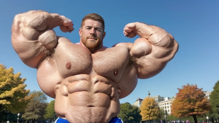 realistic, Big muscular man with blue eyes and extremely defined vascular muscles, perfect six pack, unrealistically large muscular pecs, showing off muscles, muscle bimbo, sunny day, park background, handsome, masculine, ginger, flexing biceps, perfect biceps, round biceps, arm flexed, bicep flexing pose, appropriately dressed