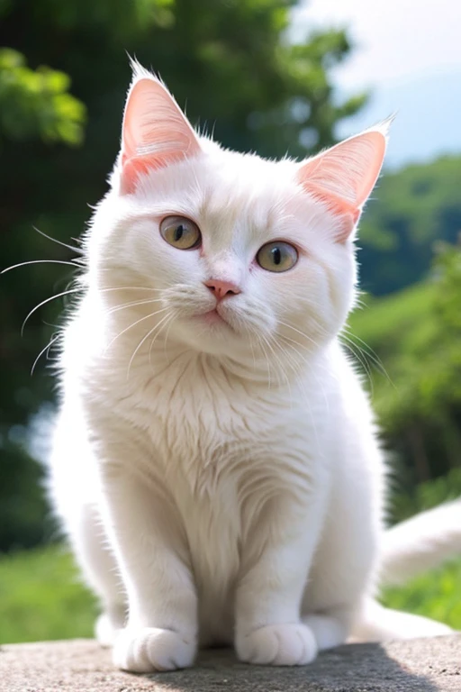 White cat、Stocky、Large ears、top of the hill、Close-up、anime