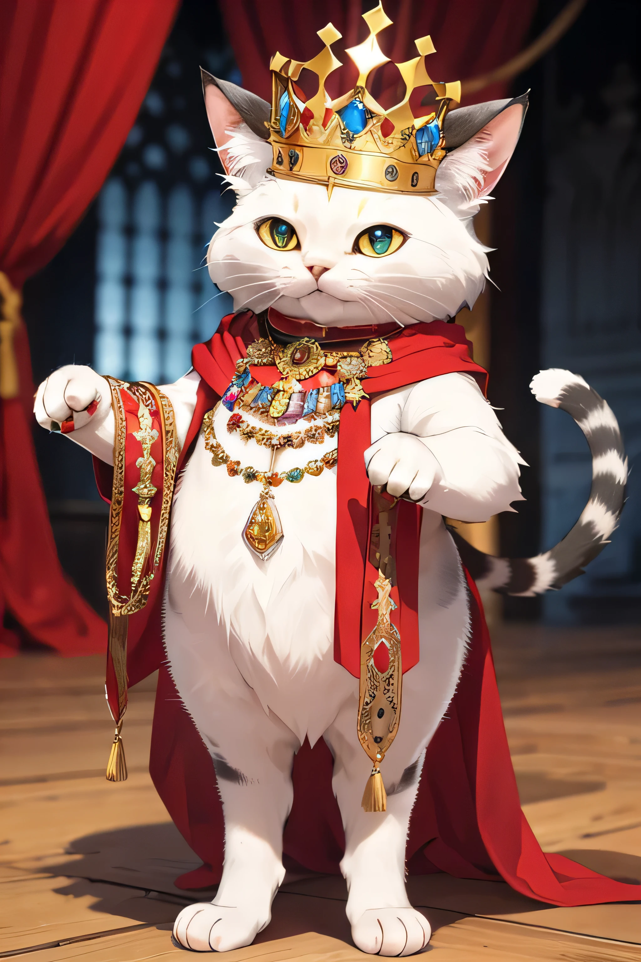 The king's cat with lot of jewels is standing
