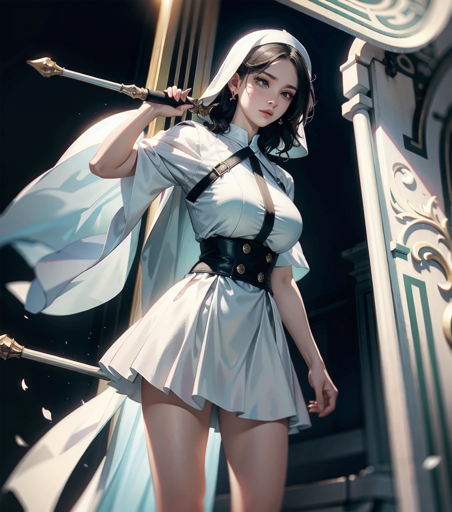 absurdres, RAW photo, extremely delicate and beautiful, masterpiece, Best Quality, ultra high resolution, 32k, hyperrealistic, ultra-detailed, pale skin, 20 years old, detailed beautiful face and eyes, tearful mole, earring, (very huge round breasts), short medium hair, wavy hair, (full body shot), alone, Mysterious nun, (combat armor costume), Weapons with a cross motif,