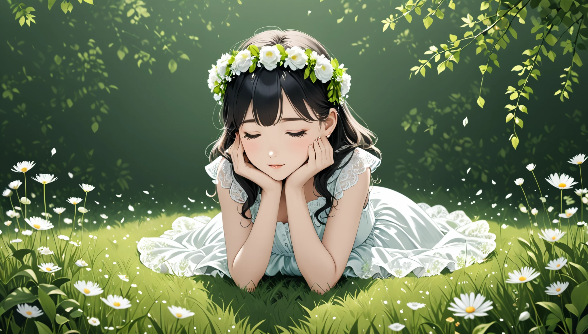(in style of Nick Veasey:1.8),Rough texture，Hand-drawn style：1girl,closed eyes,dress,earrings,flower,grass,green background,head wreath,jewelry,leaf,long hair,plant,solo,white dress,Cute style，Loli girl，on stomach，（blush:1.8）Shake your feet，Hands on cheeks，Looking at the audience