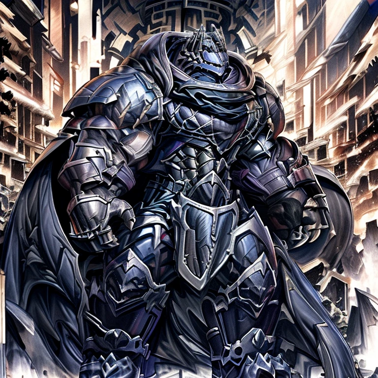 BlackKnight_fe, (masterpiece, best quality, detailed:1.2) detailed full body, a knight's mechanical armor, glowing wide and heavy armor, wears full body armor. massive muscles, huge pecs, chiseled abs, huge pectorals, exaggeratedly huge muscles. wearing a cloak. unusually developed muscular body big muscle, pecs, triceps, traps, waist narrow, unusually developed muscular body, Dark knight,
 The claws are sharp,
Sharp teeth, 