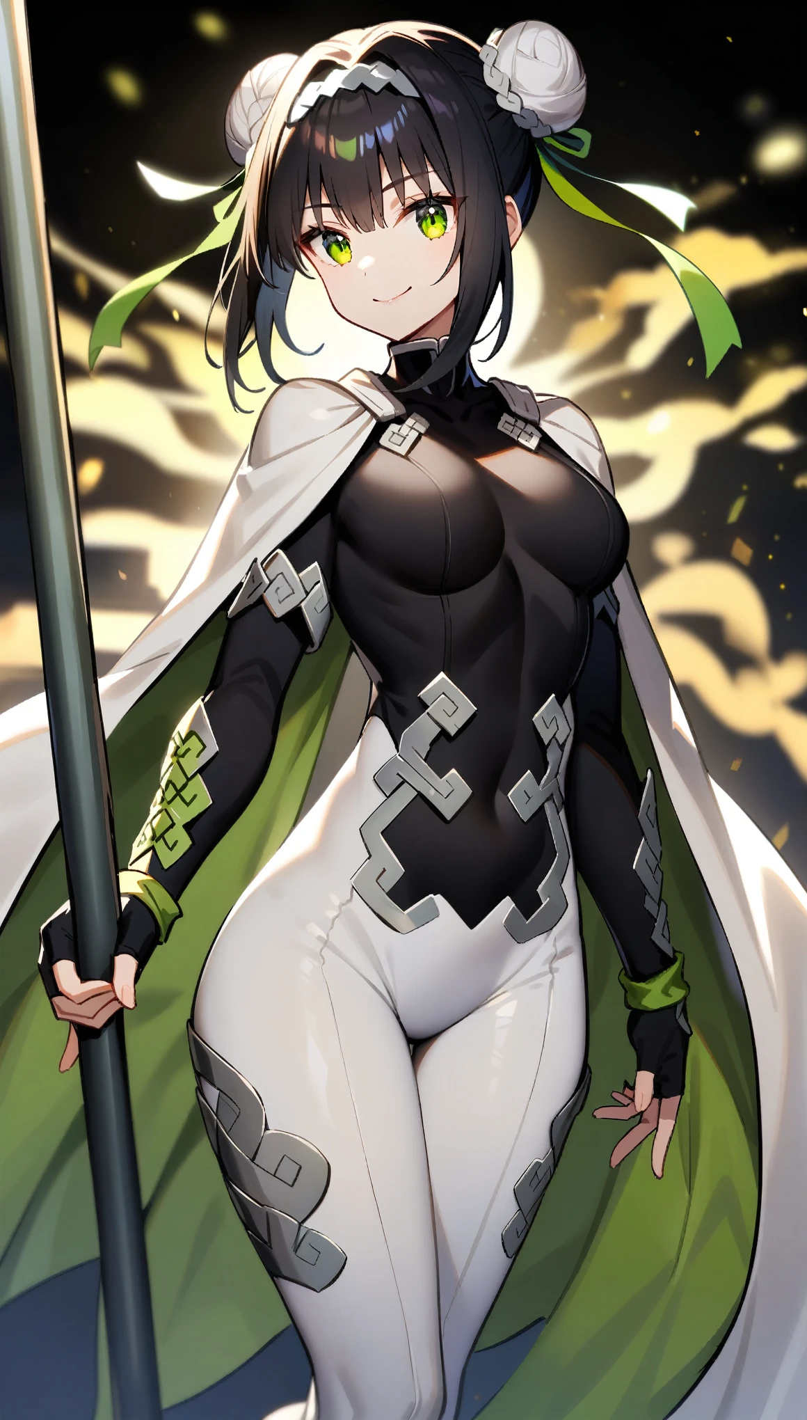 female,qin liangyu \(fate\),solo,black hair,black fingerless gloves,elbow gloves,double white bun,white spandex body suit,black body suit,white chest,black stomach,green eyes,hair_ribbon green,white cape,standing,smile,holding pole