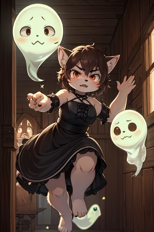 Hairy wolf mom , round face , moist round eyes , Swollen cheeks , glossy lips , Gothic summer dress , in the Haunted house , fighting move , high kick, Y balance , (peeping traditional transparent ghost:1.2) , escape , look of angry