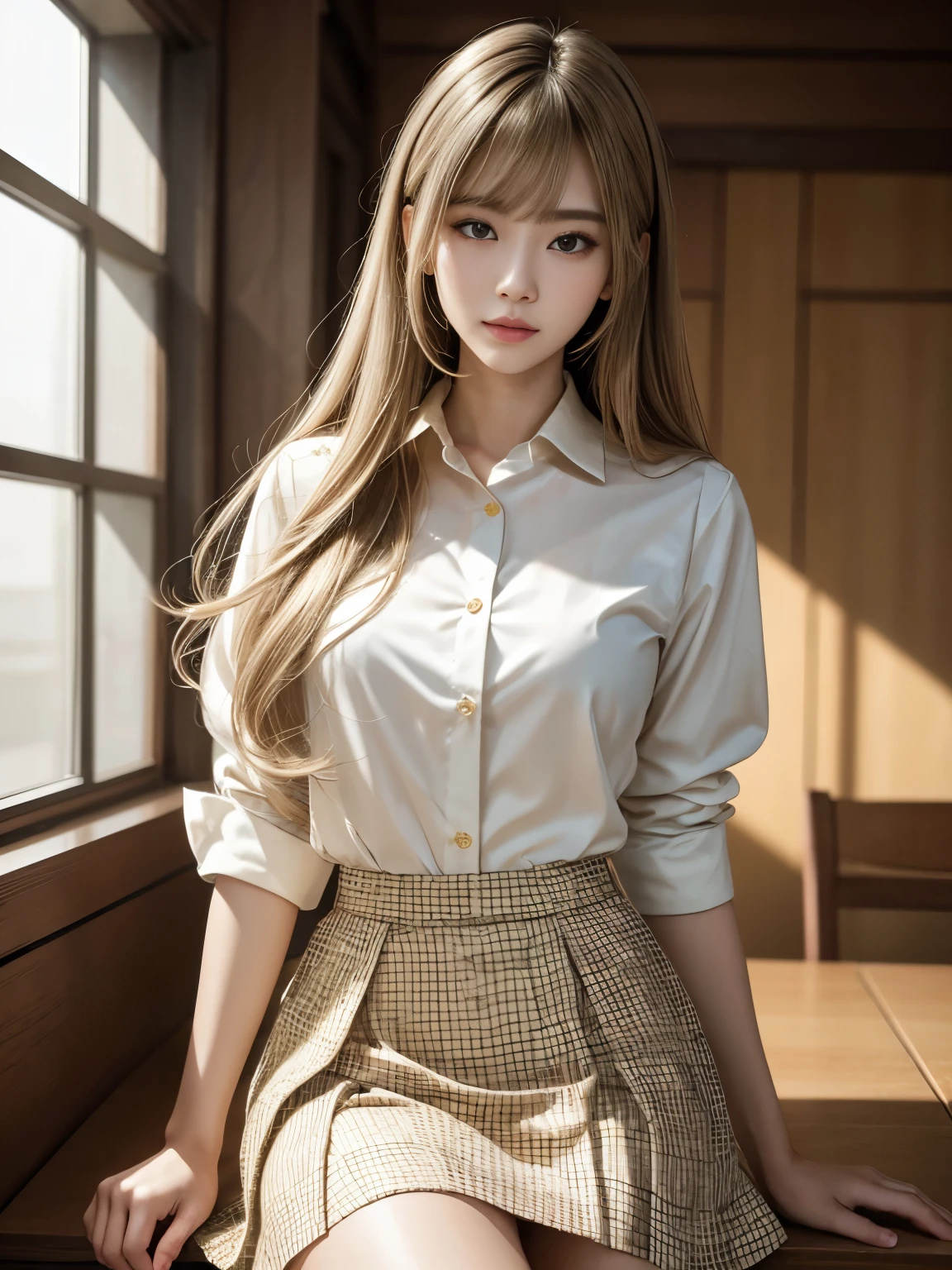masterpiece,highest quality,Highest Resolution:1.2,Hyperrealistic:1.5,16k raw photos:1.5、whole body、Beautiful Japanese Woman,Soft skin and a nice perfect face,A small face with a nose and rosy lips,Beautiful Eyes,Beautiful smile. black,Surrounded by a bright, ethereal glow,Thin, long, beautiful hair. A loose, medium hairstyle with gradation highlights and layers of greyish beige、Golden ratio slim body、Navy band collar shirt x yellow houndstooth flare skirt、Bright neon colorful background、Hyperrealistic female photos,高品質高解像度8Kmasterpiece、