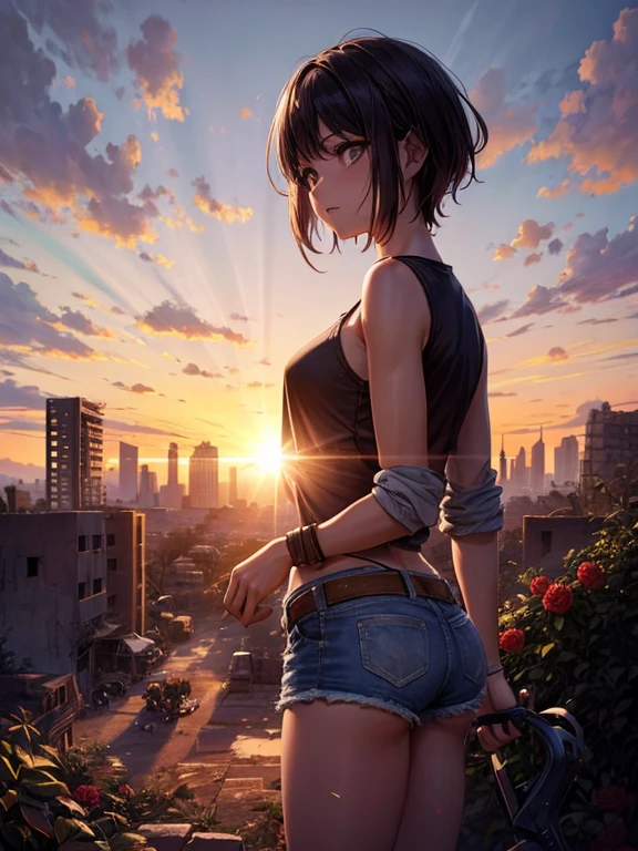 Draw a scene that depicts urban ruins in a desert at dawn. In the center of the composition, a female hunter stands in a torn shirt and denim shorts, sweating as she picks fruit in a makeshift garden among the ruins. The sun is rising in the background, painting the sky with beautiful warm colors. Highlight volumetric lighting and hypercontrast to emphasize the details of the ruins and landscape. Include wild rose bushes around, adding a touch of natural beauty in contrast to the desolate surroundings.