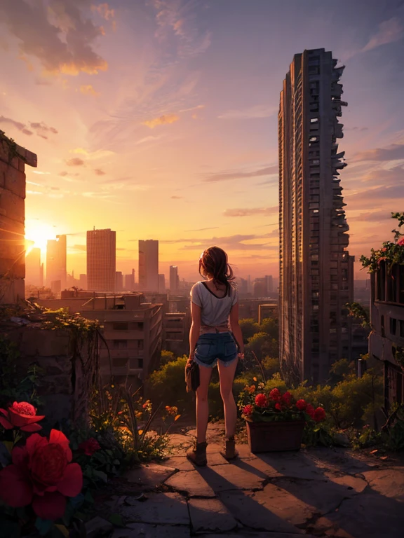 Draw a scene that depicts urban ruins in a desert at dawn. In the center of the composition, a female hunter stands in a torn shirt and denim shorts, sweating as she picks fruit in a makeshift garden among the ruins. The sun is rising in the background, painting the sky with beautiful warm colors. Highlight volumetric lighting and hypercontrast to emphasize the details of the ruins and landscape. Include wild rose bushes around, adding a touch of natural beauty in contrast to the desolate surroundings.