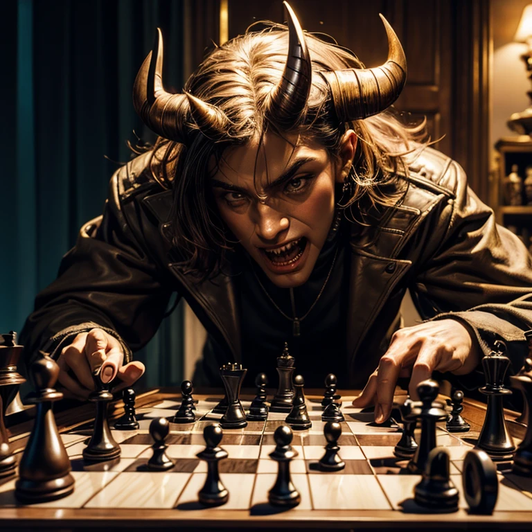 The Devil plays chess on real life board with human figures