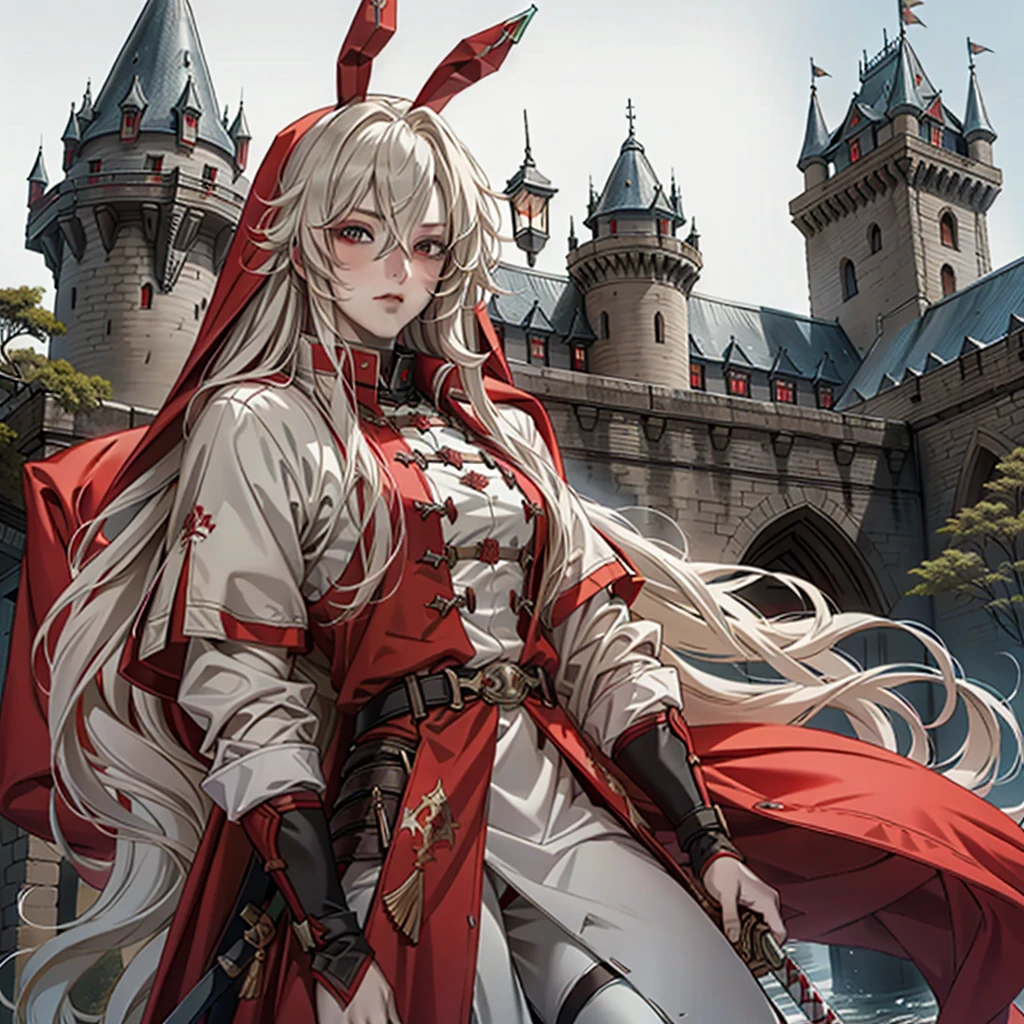 1 long-haired albino male knight, wearing red hood、Wearing heavy armor and carrying a long sword、With the old castle in the background