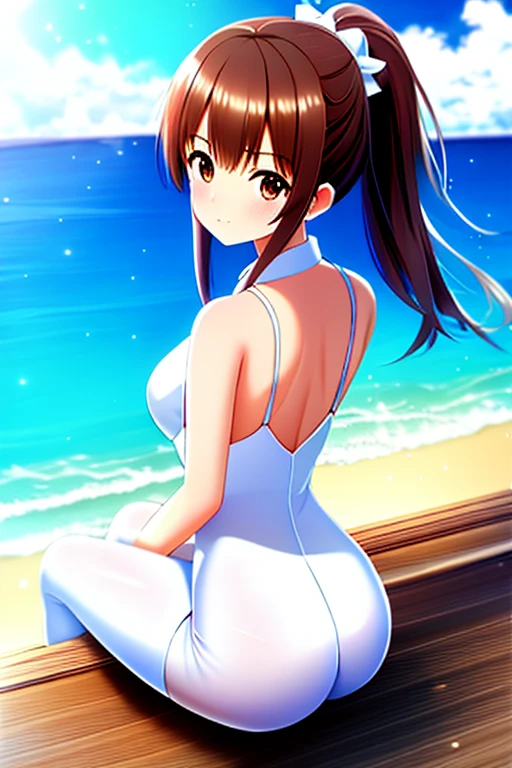 masterpiece, highest quality, superior_Mikoto, Brown eyes, View your viewers, alone, Small breasts, superior半身, (Swimwear), Beach, Outdoor, , smile, close_mouth, ((Crossing your legs)), ((Are standing)), Abusing lens flares,  One-piece suit, Bodysuits, Shiny clothes, thick, One Girl, One girl, white Swimwear, pantyhose, Butt pose, Butt pose, Back pose, Nice ass, latex