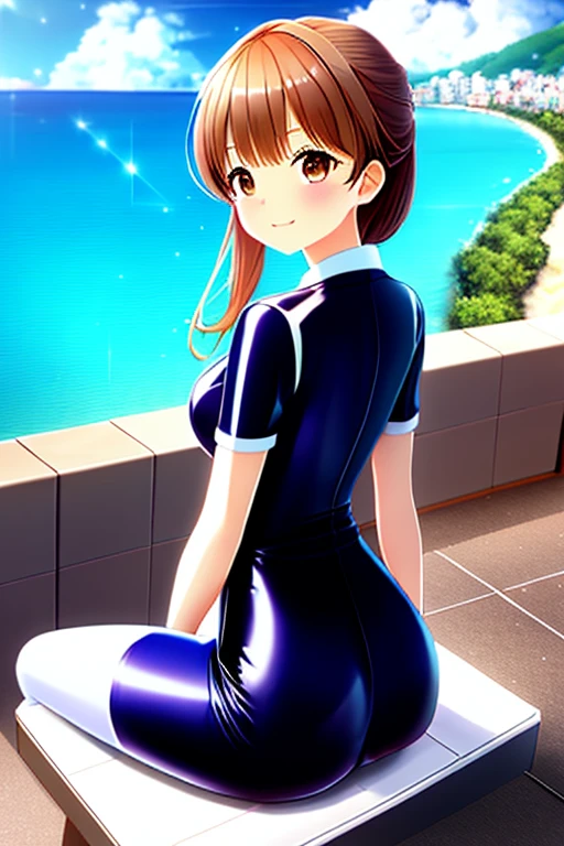 masterpiece, highest quality, superior_Mikoto, Brown eyes, View your viewers, alone, Small breasts, superior半身, (Swimwear), Beach, Outdoor, , smile, close_mouth, ((Crossing your legs)), ((Are standing)), Abusing lens flares,  One-piece suit, Bodysuits, Shiny clothes, thick, One Girl, One girl, white Swimwear, pantyhose, Butt pose, Butt pose, Back pose, Nice ass, latex