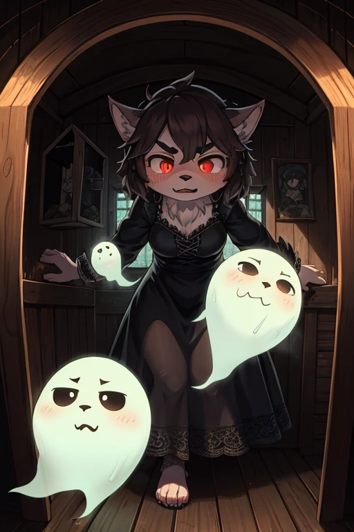 Hairy wolf mom , round face , moist round eyes , Swollen cheeks , glossy lips , Gothic summer dress , in the Haunted house , fighting move , Y balance , (peeping traditional transparent ghost:1.2) , escape , look of angry