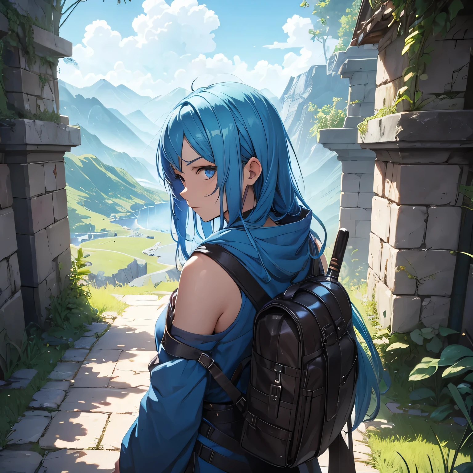 blue hair weary wanderer in realm divine
