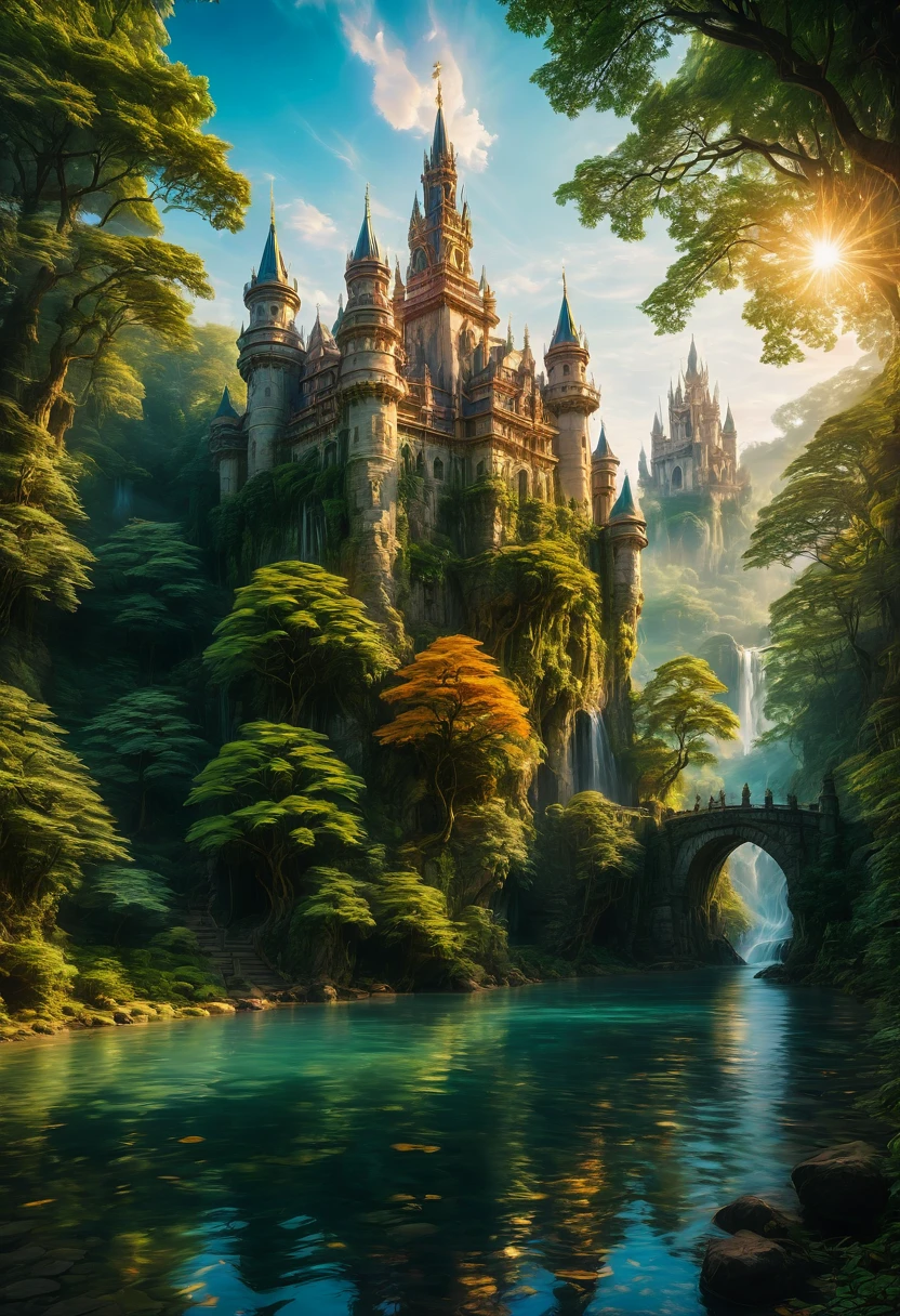 Dream Castle, aesthetic, (best quality,4k,8k,highres,masterpiece:1.2),ultra-detailed,medieval castle,majestic towers,grand entrance gate,mystical atmosphere,enchanted forest,sunlight filtering through the trees,lush greenery,gleaming river,reflection on the water,exquisite stone carvings,golden accents,spires reaching towards the sky,vivid colors,soft lighting,ethereal beauty,serene ambiance