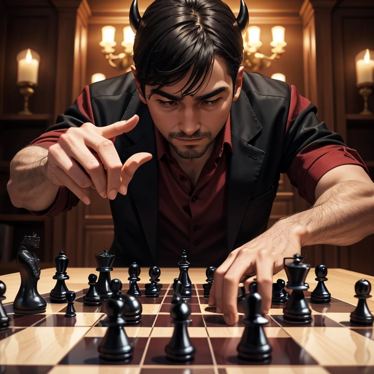 The Devil plays chess on real life board with human figures