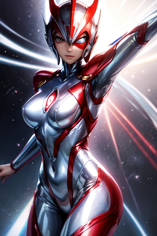 Ultraman、Feminization、Realistic、Realisticな、Cinema Lighting, Shiny Suit、Ultraman's Bodysuit、Shiny silver and red suit、Professional photography、Don't expose your skin, Large Breasts、Big Ass、Big Belly、Thick tight、Thick arms、Building Background、Background of the metropolis、