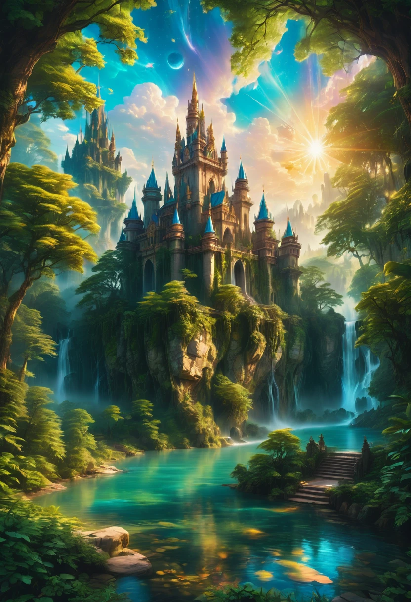 Dream Castle, aesthetic, (best quality,4k,8k,highres,masterpiece:1.2),ultra-detailed,medieval castle,majestic towers,grand entrance gate,mystical atmosphere,enchanted forest,sunlight filtering through the trees,lush greenery,gleaming river,reflection on the water,exquisite stone carvings,golden accents,spires reaching towards the sky,vivid colors,soft lighting,ethereal beauty,serene ambiance