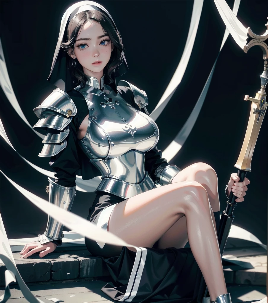 absurdres, RAW photo, extremely delicate and beautiful, masterpiece, Best Quality, ultra high resolution, 32k, hyperrealistic, ultra-detailed, pale skin, 20 years old, detailed beautiful face and eyes, tearful mole, earring, (very huge round breasts), short medium hair, wavy hair, (full body shot), alone, Mysterious nun, ((combat armor)), Weapons with a cross motif,