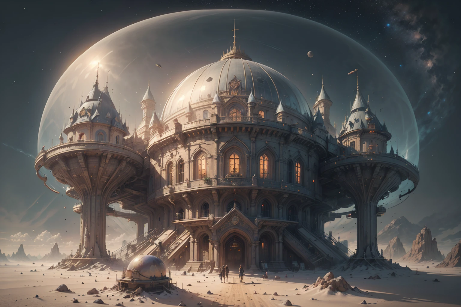 best quality, intricate details, castle under a dome built on a spaceship landed on mars, steampunkai, backround, space, stars