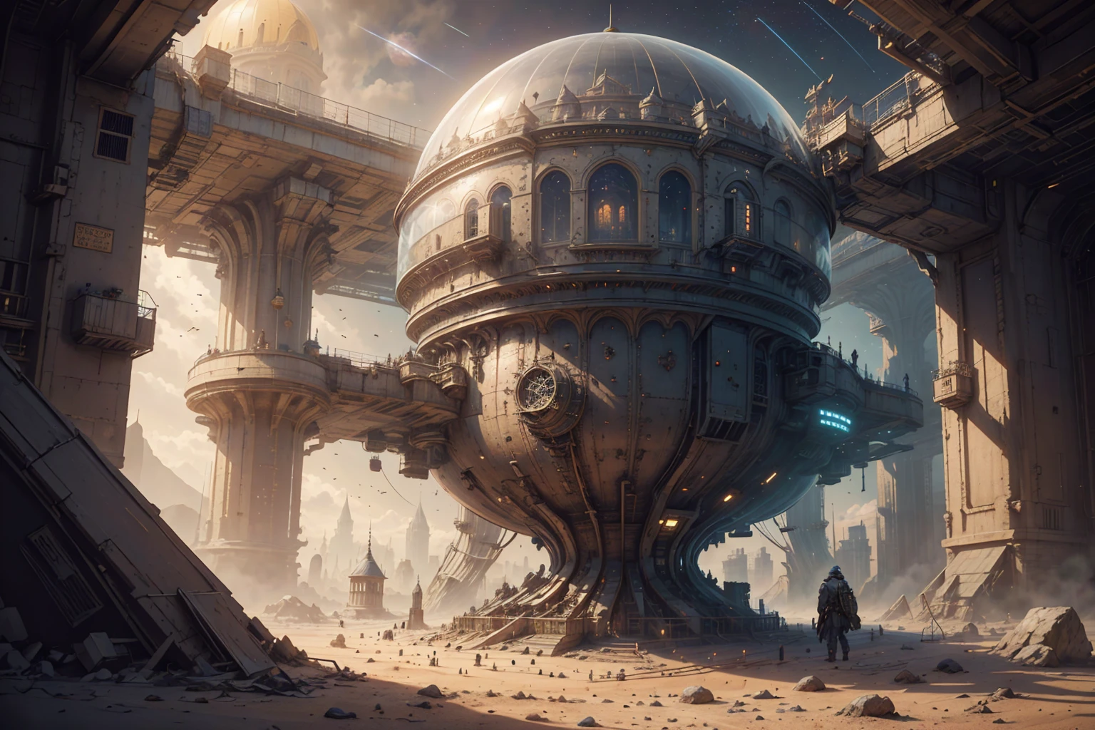 best quality, intricate details, castle under a dome built on a spaceship landed on mars, steampunkai, backround, space, stars