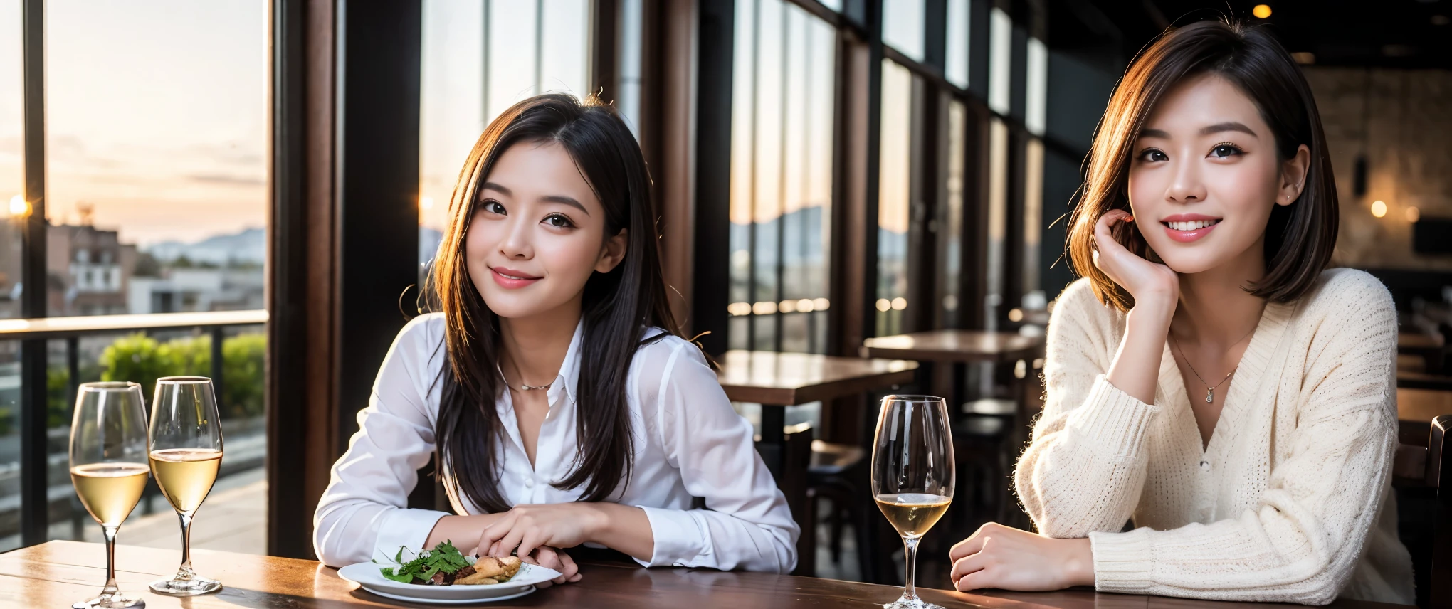 ((highest quality、8k、masterpiece:1.3))、Sharp focus:1.2、Beautiful woman perfect body:1.4、slimなボディ、((Bob Hale、Straight hair:1.2))、(to be born, highest quality, masterpiece:1.5), (Realistic, Intricate details:1.2), Ultra-high resolution, Amazing view of the sunset sky and clouds、Amazing mountain views、ニコニコ明るいsmile、smileの素敵な女性、Bright image、2. The beauty of wine, Beautiful Face, blue eyes, The light shines on your face, Blushing, short hair,Bright Face、Fox face、 (36 years old), 39 years old, Lady、red wine 、Appetizers、Italian food、Wine bottle、Champagne、sparkling wine、Two beauties、Brown Hair、Shortcuts、Long sleeve shirt、dress、Pretty Woman 1, (slimな顔), (The body is slim), (Brown Hair), (Shortcuts), cheeks turn a little red,Attractive beauty、, Out of the window, A beautiful and detailed night view unfolds.........., restaurant, In a prominent place (From the waist up) Nova Frog Style, actress, model, Upper Body, White wine, slim, wine glass, 真ん中に置かれたwine glass, smile, (smile: 1.15), Beautiful fine grain, Depth f/2,saturation, High Contrast, Strong light and shadow,Moist Body:1.5、3D texture、Delicate eyes、Brown Hair、The hair is very shiny、