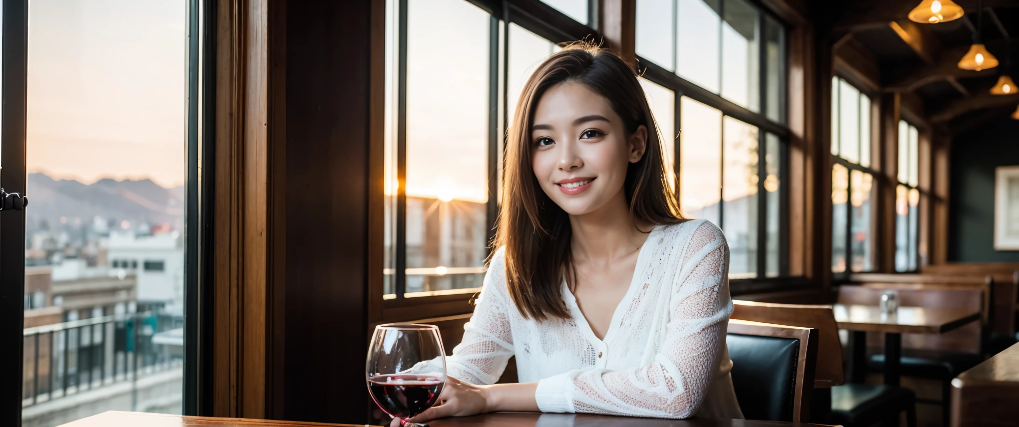 ((highest quality、8k、masterpiece:1.3))、Sharp focus:1.2、Beautiful woman perfect body:1.4、slimなボディ、((Bob Hale、Straight hair:1.2))、(to be born, highest quality, masterpiece:1.5), (Realistic, Intricate details:1.2), Ultra-high resolution, Amazing view of the sunset sky and clouds、Amazing mountain views、ニコニコ明るいsmile、smileの素敵な女性、Bright image、2. The beauty of wine, Beautiful Face, blue eyes, The light shines on your face, Blushing, short hair,Bright Face、Fox face、 (36 years old), 39 years old, Lady、red wine 、Appetizers、Italian food、Wine bottle、Champagne、sparkling wine、Two beauties、Brown Hair、Shortcuts、Long sleeve shirt、dress、Pretty Woman 1, (slimな顔), (The body is slim), (Brown Hair), (Shortcuts), cheeks turn a little red,Attractive beauty、, Out of the window, A beautiful and detailed night view unfolds.........., restaurant, In a prominent place (From the waist up) Nova Frog Style, actress, model, Upper Body, White wine, slim, wine glass, 真ん中に置かれたwine glass, smile, (smile: 1.15), Beautiful fine grain, Depth f/2,saturation, High Contrast, Strong light and shadow,Moist Body:1.5、3D texture、Delicate eyes、Brown Hair、The hair is very shiny、