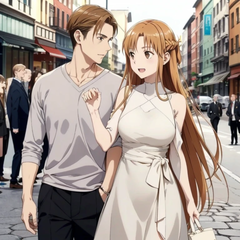 ((highest quality)), ((masterpiece)), (detailed), Perfect Face、Yuuki Asuna、（The woman is a brown-haired Japanese）、（The woman talks to the white man and gets picked up.）、The woman is being picked up enthusiastically by a white man on the street and the woman is having a fun conversation、((A white man with a good physique and a strong body))、The woman is dressed casually、Man dressed casually、White men approach women and women listen to them