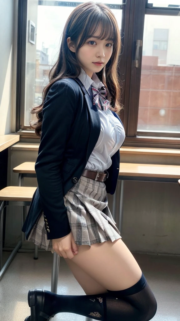 muste piece, best quality, illustration, Super detailed, fine details, High resolution, 8K,wall paper, perfect dynamic composition,(Details High quality, realistic depiction of eyes:1.3), from side, High School Classroom、High school girl uniform、blazer 、Super Short Check Uniform Skirt、Navy blue high socks、garterbelts、Colossal tits、Disturbed uniform, (wavy hair:1.2), black hair color, large breasts, Big Natural Color Lip, (open legs:1.5), sitting, perfect body shape, crying a little、cold gaze, Harajuku style、20 year old girl、cute type, beautiful legs, hposing Gravure Idol, Voluptuous thighs