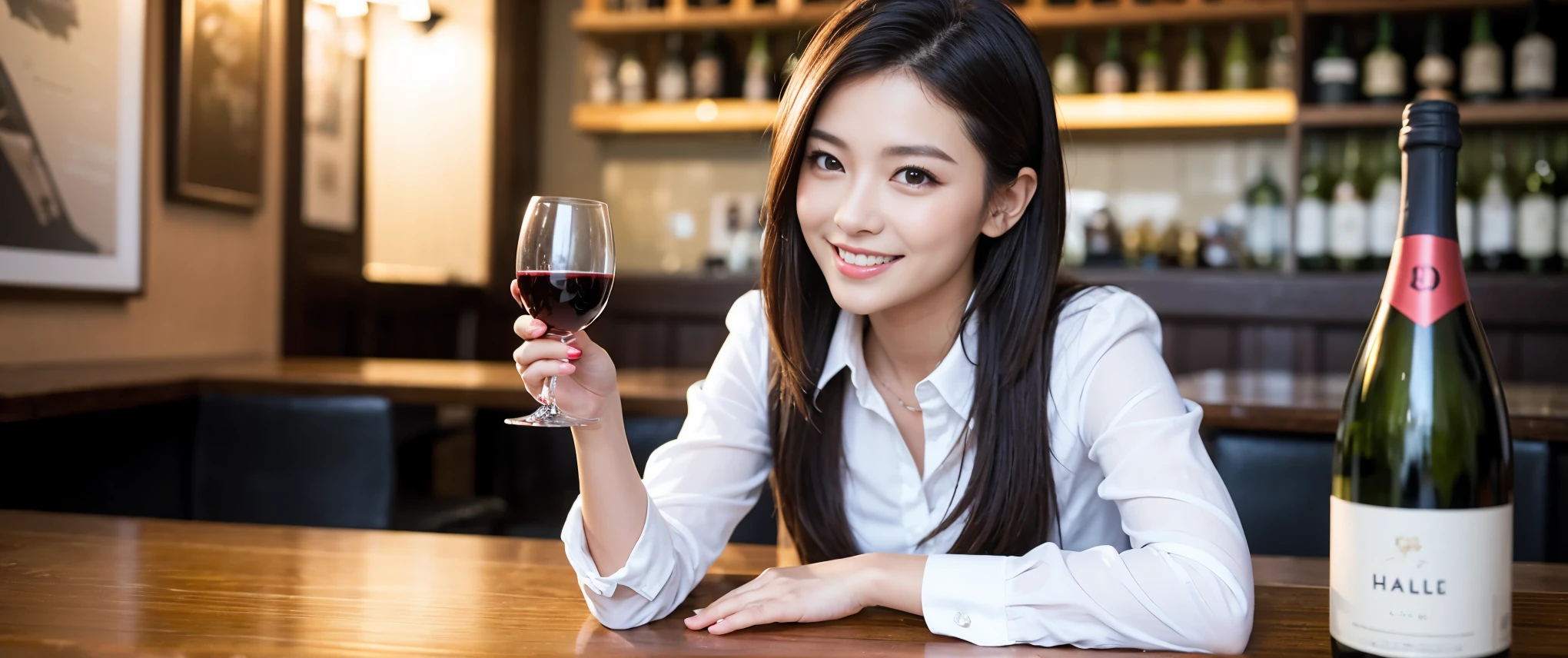 ((highest quality、8k、masterpiece:1.harp focus:1.2、Beautiful woman perfect body:1.4、sliディ、((Bob Hale、Straight hair:1.2))、(to be born, highest quality, masterpiece:1.5), (Realistic, Intricate details:1.2), Ultra-high resolution, Amazing view of the sunset sky and clouds、Amazing mountain views、ニコニコ明るいsmile、smileの素敵な女性、Bright image、2. The beauty of wine, Beautiful Face, blue eyes, The light shines on your face, Blushing, short hair,Bright Face、Fox face、 (36 years old), 39 years old, Lady、red wine 、Appetizers、Italian food、Wine bottle、Champagne、sparkling wine、Two beauties、Brown Hair、Shortcuts、Long sleeve shirt、dress、Pretty Woman 1, (slimな顔), (The body is slim), (Brown Hair), (Shortcuts), cheeks turn a little red,Attractive beauty、, Out of the window, A beautiful and detailed night view unfolds.........., restaurant, In a prominent place (From the waist up) Nova Frog Style, actress, model, Upper Body, White wine, slim, wine glass, 真ん中に置かれたwine glass, smile, (smile: 1.15), Beautiful fine grain, Depth f/2,saturation, High Contrast, Strong light and shadow,Moist Body:1.5、3D texture、Delicate eyes、Brown Hair、The hair is very shiny、