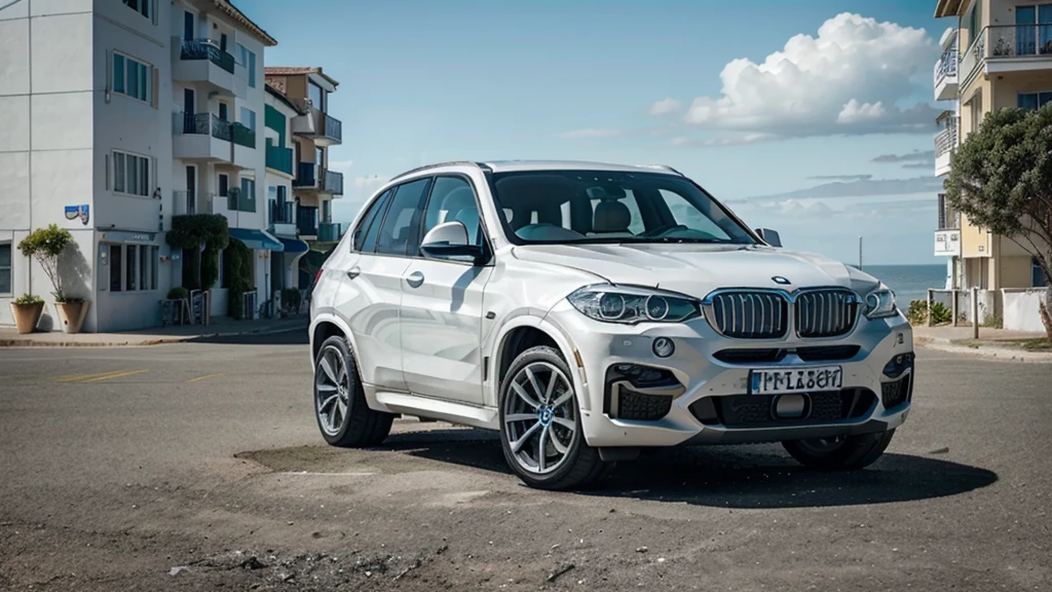 A view of a coastal town: below, the cityscape spreads out in an atmosphere. Dominating the scene is an elegant white BMW X5 SUV, parked, a symbol of luxury and adventure. Nearby, a tourist couple observes the wide panorama. Style: Bright and cool tones, urban sophistication, light, sharpness, real photo