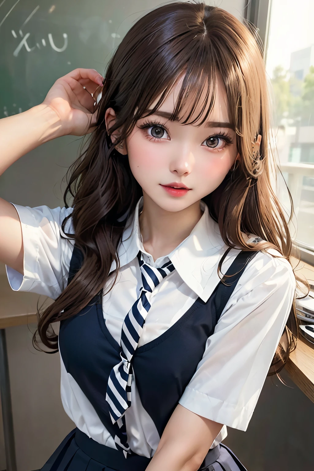 (Tabletop:1.4, Photorealistic:1.4, 8k), highest quality, masterpiece, Ultra-high resolution, Perfect dynamic composition, Big Face、Round face、((Light brown hair, Long Hair, Layered Hair))、Highly detailed skin and facial textures:1.3, Limb details, 1 girl, Cute sexy 22 year old woman, (Sunburn:1.0), ((Totally captivates you:0.9)), ((school uniform, White collar short sleeve shirt, Striped tie)),Medium Chest, (Distant eyes, Beautiful Eyes, Brown eyes、Beautiful erotic eyes:0.85), Sexy Face:0.4, (Mouth closed、Small Mouth、Thick lips、A taste of beautiful eroticism:0.85), ((Too cute beauty:0.9))、Gal Makeup、((Extreme close up))