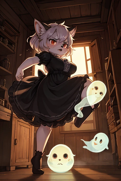 Hairy wolf mom , round face , moist round eyes , Swollen cheeks , glossy lips , Gothic summer dress , in the Haunted house , fighting move , high kick, Y balance , (peeping traditional transparent ghost:1.2) , escape , look of angry