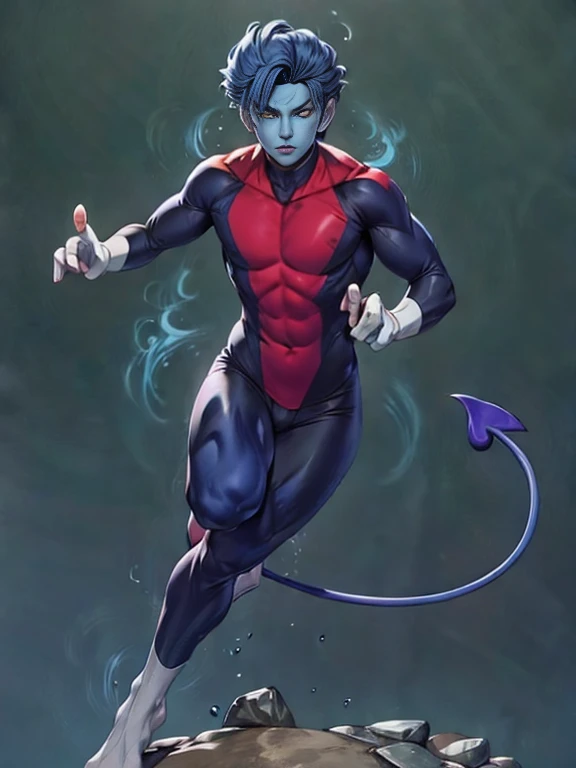 (masterpieces, best quality:1,2),1boy, solo, nightcrawler x-men, (blue demon), yellow eyes, (((colored skin))), (((colored dark blue skin))), ((texture no human))), (((non face texture human))) ((slim body), (((short blue hair))), (((three fingers))), demon blue tail, ((black and red uniform)), full body, ((arobatic)), in the air, in flight