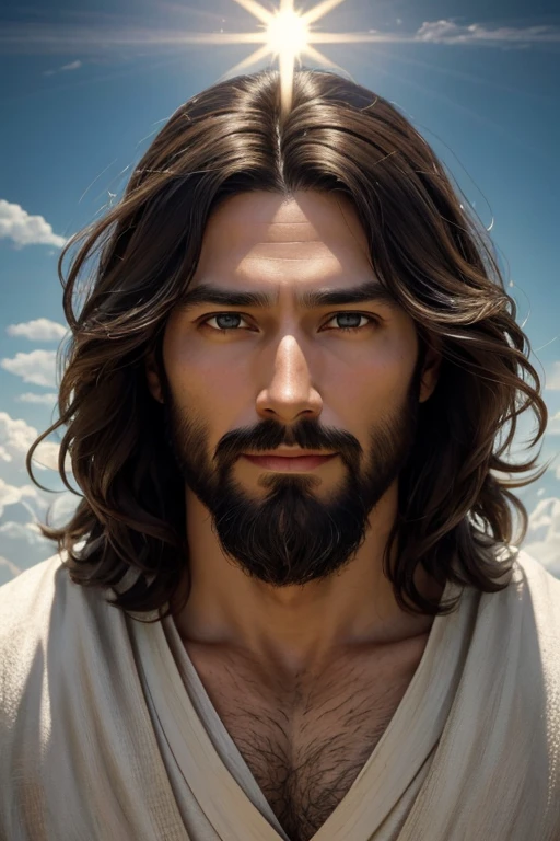 Um belo retrato realista ultra-fino de Jesus, prophet, Male 35 years old Brunette Japanese, Short brown hair, Truly perfect eyes, Long black beard, and, people々Help , Wearing a long linen tunic with a closed neckline, 正面figure, whole body, Biblical, Realistic,By Diego Velázquez,Peter Paul Rubens,Rembrandt,By Alex Ross,8k, Conceptual Art, Realistic, Realistic, figure, oil, Surrealism, 超Realisticな, people々Help , Digital Art, style, watercolorReal Jesus flying in the sky with a flying cloud in the background, Jesus walking on water, Biblical figure, epic Biblical representation, Make him flee, Coming out of the sea, ! Hold in hand!, land, God of the Sea, Beautiful depiction, Modelo 3D 8k, Realistic, a realistic 3D of Jesus with a halo in the sky, Jesus Cristo, Smiling in the sky, Retrato de Jesus Cristo, rosto de Jesus, 35 Young Almighty God, Portrait of Tenjin, Greg Olsen, Jesus Gigachad, ナザレのJesus, Jesus, The Face of God, God watching me, He welcomes you warmly, He is happy, Image information for Sky Avatar