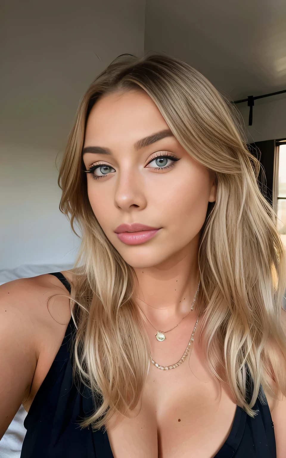 Hyperrealistisches Selfie von Emily Sears, Meisterwerk, best quality, Create dystopian Meisterwerks. beautiful woman, schlank, ((glattes blondes Haar)), detailliertes Gesicht, Alter von 20 Jahren, (Sleeping towels), Im Bett liegen (keine Muttermale)