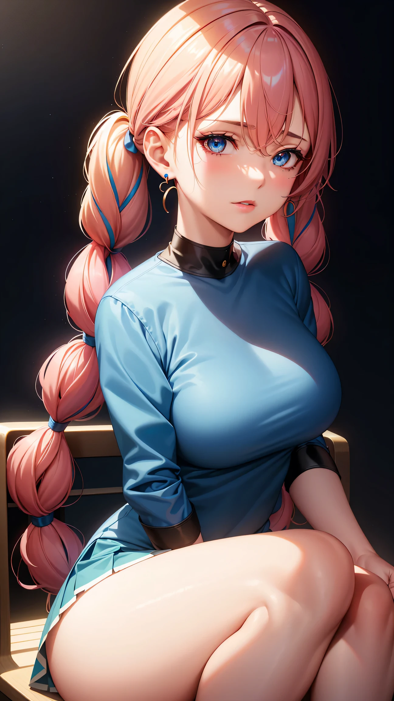 (best quality:1.5, highres, UHD, 4K, detailed lighting, shaders), sky blue braided twintails haired, gradient hair, large breasts,red suit, white T-shirt, white short skirt, mature woman , (pov), black background, colorful eyeshadow, dramatic lighting, sparkling eyes, sensual expression, golden earrings, braided twintails hair, delicate facial features, soft skin, high cheekbones, urban setting, black background, dont look for the camera, sitting on a chair upside down,  behind  the camera