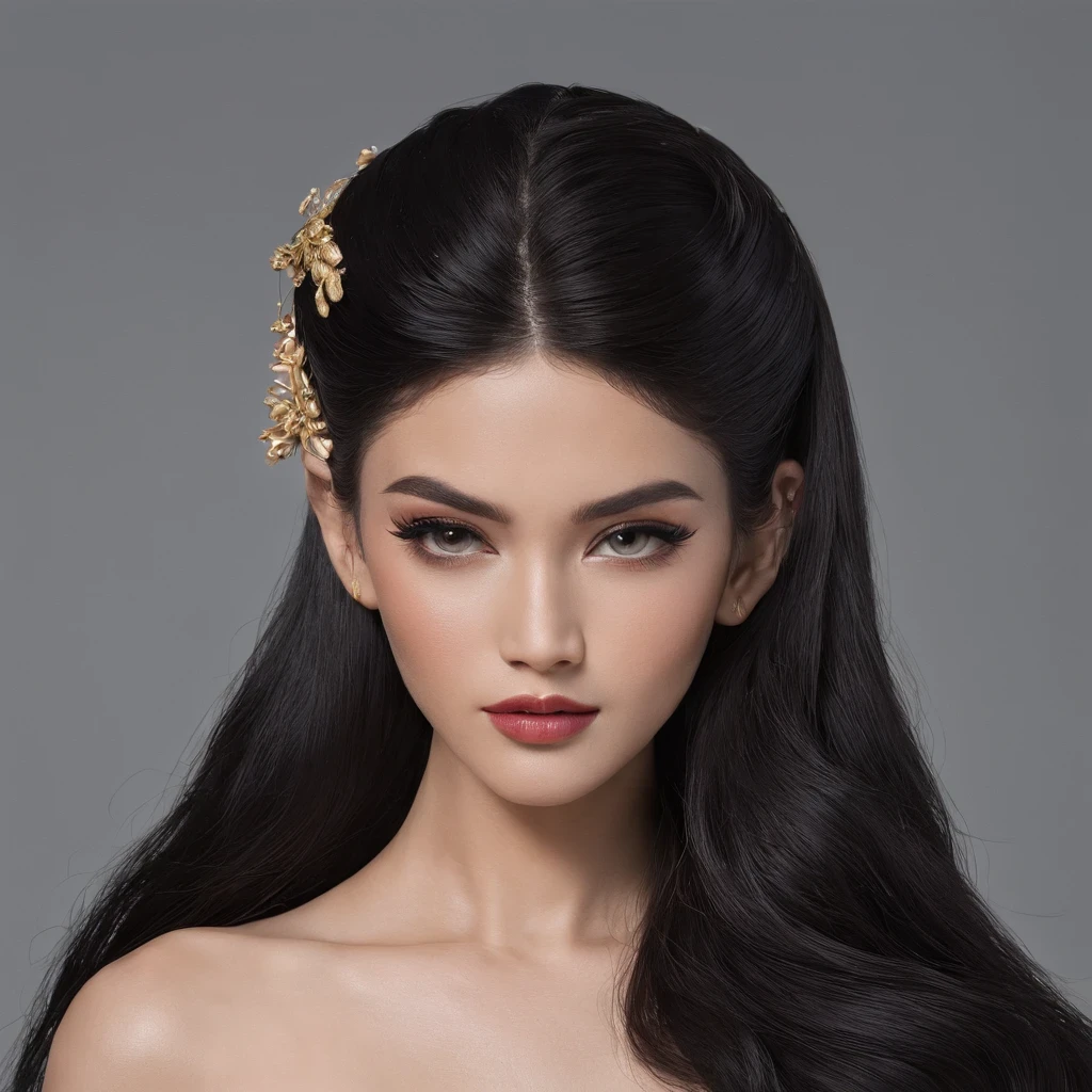 Black longhair,gaun Tradisional Indonesia,Mahkota,ratu,gaun hitam,make up natural,tanned skin,walk in the aisle,