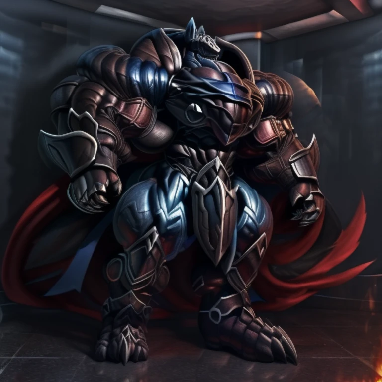 (masterpiece, best quality, detailed:1.2) (Pokémon) LUCARIO, detailed full body, a knight's mechanical armor, glowing wide and heavy armor, wears full body armor. massive muscles, huge pecs, chiseled abs, huge pectorals, exaggeratedly huge muscles. wearing a cloak. unusually developed muscular body big muscle, pecs, triceps, traps, waist narrow, unusually developed muscular body, Dark knight, BlackKnight_fe, The claws are sharp, Sharp teeth,