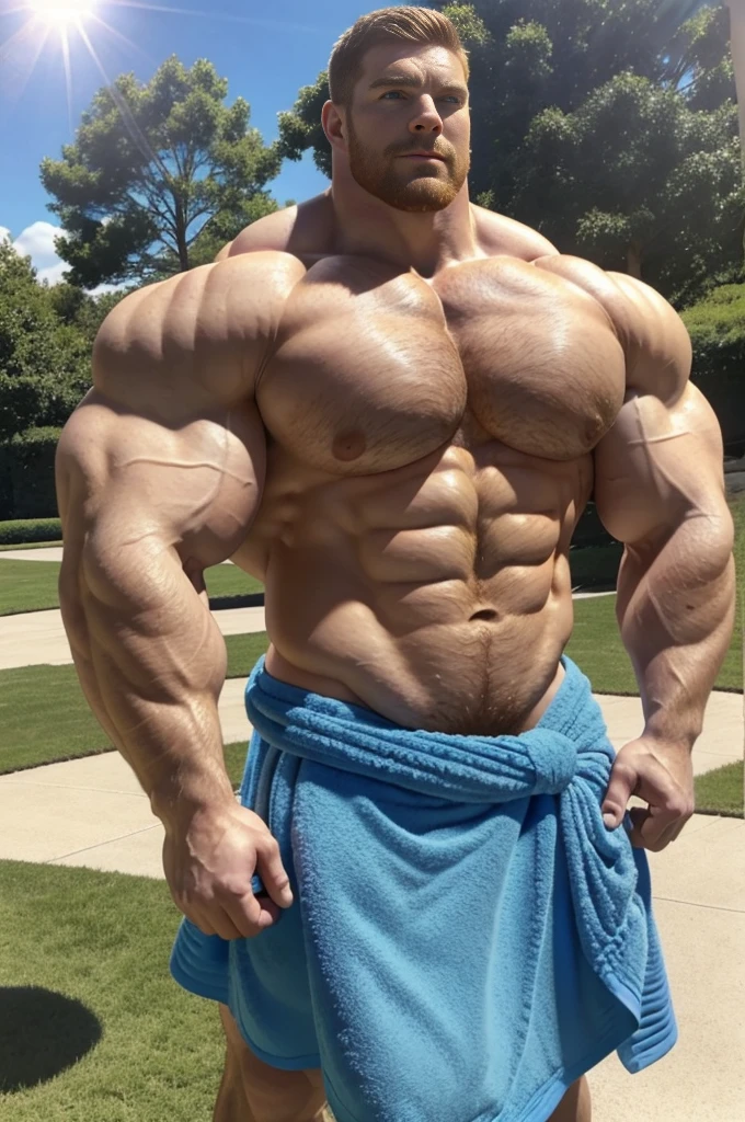 realistic, Big muscular man with blue eyes and extremely defined vascular muscles, perfect six pack, unrealistically large muscular pecs, showing off muscles, muscle bimbo, sunny day, park background, handsome, masculine, ginger, crossing arms, sunlight directly in face, small towel around waist, appropriately dressed, strained muscles